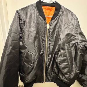 Black Bomber Jacket w/ Orange Lining Full Zip Size Small